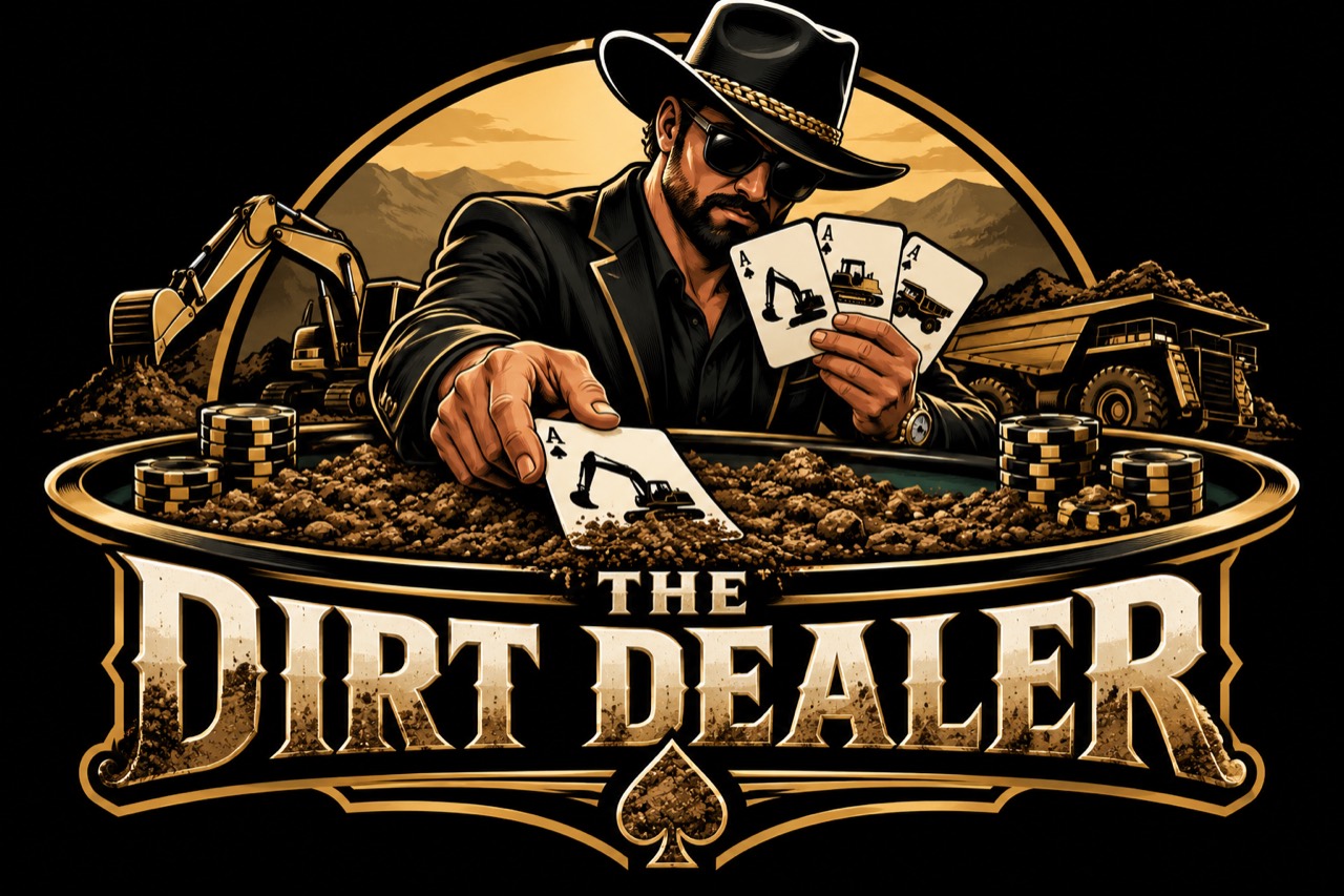 The Dirt Dealer logo: a cowboy dealing equipment-themed aces, with an excavator and dump truck