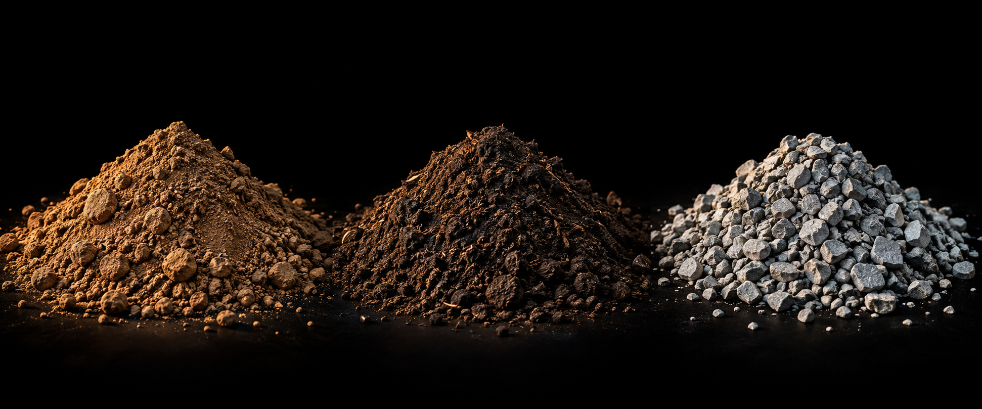 Three material samples: warm brown fill dirt, rich dark topsoil, and gray crushed gravel